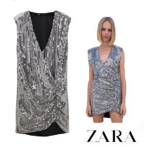 Zara NWT Drapped Sequin Silver Mini Coctail Dress